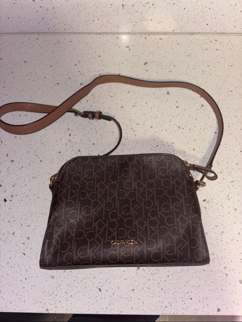 Calvin Klein Brown Monogram Crossbody with Tan Strap